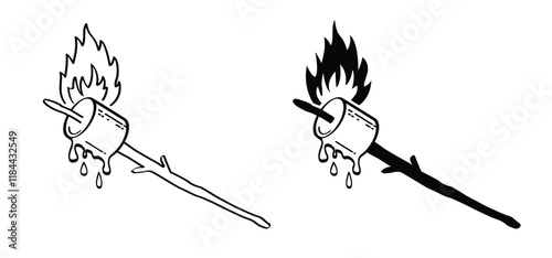 Drawing cartoon sugar marshmallow on wooden stick and fire. Sweet marshmallow for bbq, cooking icon or symbol. Delicious, tasty white marshmallows. Eating roasted candies sweets.