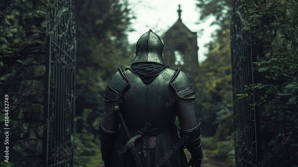A knight stands before an ancient gate at twilight, the light fading as the wind whispers through the trees, his face concealed beneath his helmet. A knight stands before an ancient gate at twilight, the light fading as the wind whispers through the trees, his face concealed beneath his helmet.
