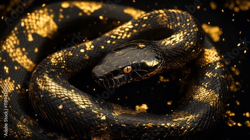 Stunning High-Quality Photograph of a Golden Snake, Coiled Elegantly with Glittering Gold Leaf Patterns, Against a Deep Black Background Highlighting Its Beauty and Grace photo