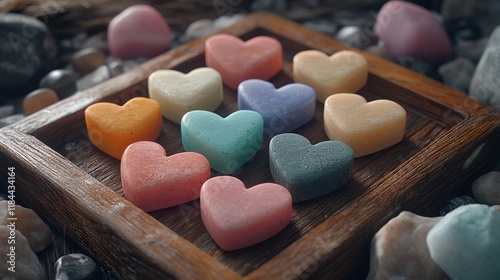 A display of heart-shaped soaps on a wooden tray surrounded by tiny decorative stones photo