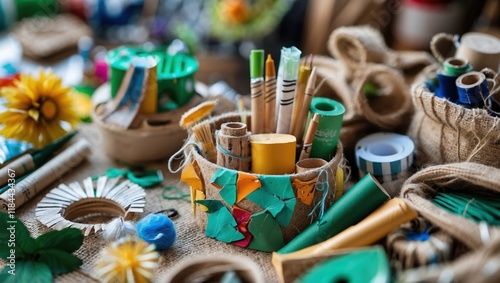 Vibrant Crafting Supplies on Rustic Table for Creative Projects