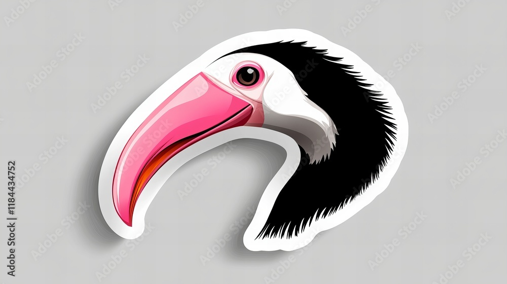Obraz premium Close-up of a toucan's head, showcasing its vibrant pink beak and black feathers against a neutral gray background.