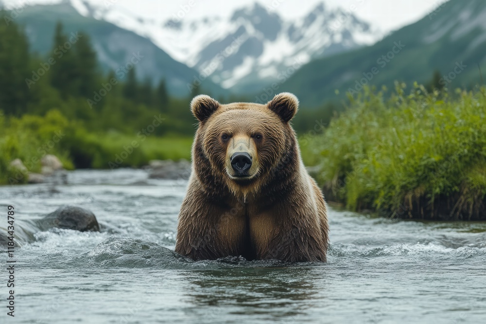Obraz premium Bear catches fish in a mountain river surrounded by lush greenery and distant peaks