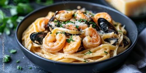 Delicious creamy seafood pasta featuring salmon, shrimp, and mussels, topped with Grana Padano cheese for a rich flavor. This creamy seafood pasta is perfect for seafood lovers. photo