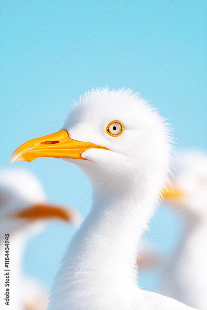 Fototapeta premium Close-up of a white seagull with a bright orange beak, set against a vibrant blue sky. Perfect for wildlife, nature, and birdwatching themes.