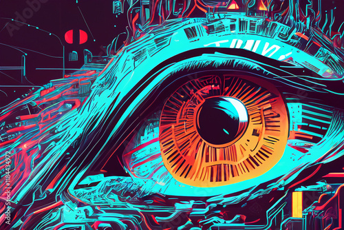 Close up of a man's eye. The eyeball looks into the blockchain. Image generated by artificial intelligence.