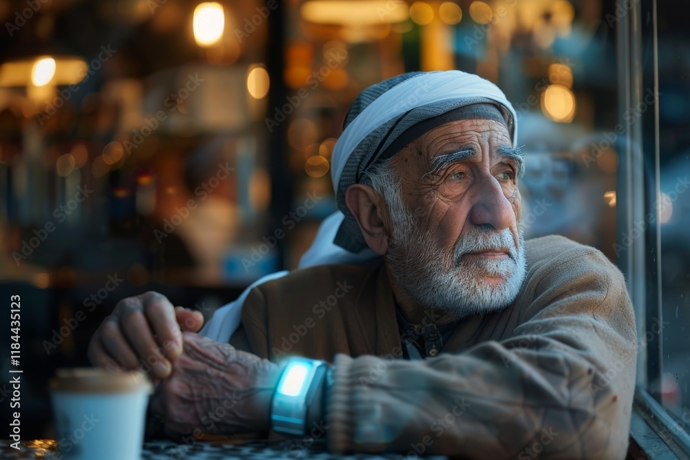 An elderly Middle Eastern man sits at a cozy coffee shop, with a tiny screen glowing on his arm, showcasing a mix of modern technology and traditional coffee shop ambiance. An elderly Middle Eastern man sits at a cozy coffee shop, with a tiny screen glowing on his arm, showcasing a mix of modern technology and traditional coffee shop ambiance.