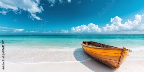 Fototapeta Naklejka Na Ścianę i Meble -  Wooden fishing boat on a tropical beach, showcasing the serene beauty of a white sandy shore. This fishing boat adds charm to the picturesque scenery of a Caribbean beach.