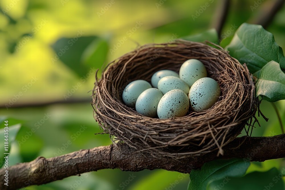 Nest with blue eggs resting on a branch in a lush green environment during springtime Nest with blue eggs resting on a branch in a lush green environment during springtime