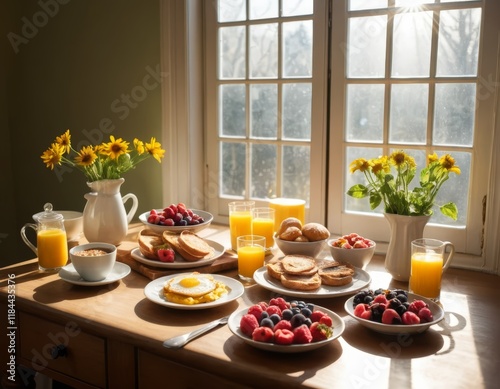 Wallpaper Mural Sunlit Breakfast Table with Fresh Fruit, Toasts, and Orange Juice Torontodigital.ca