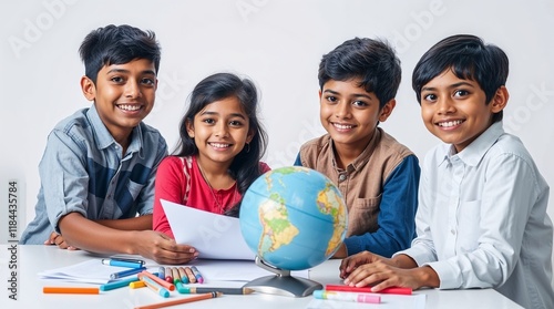 Four Indian schoolchildren with warm smiles and bright eyes engaged in a collaborative school project. A table strewn with papers, markers, and a globe.