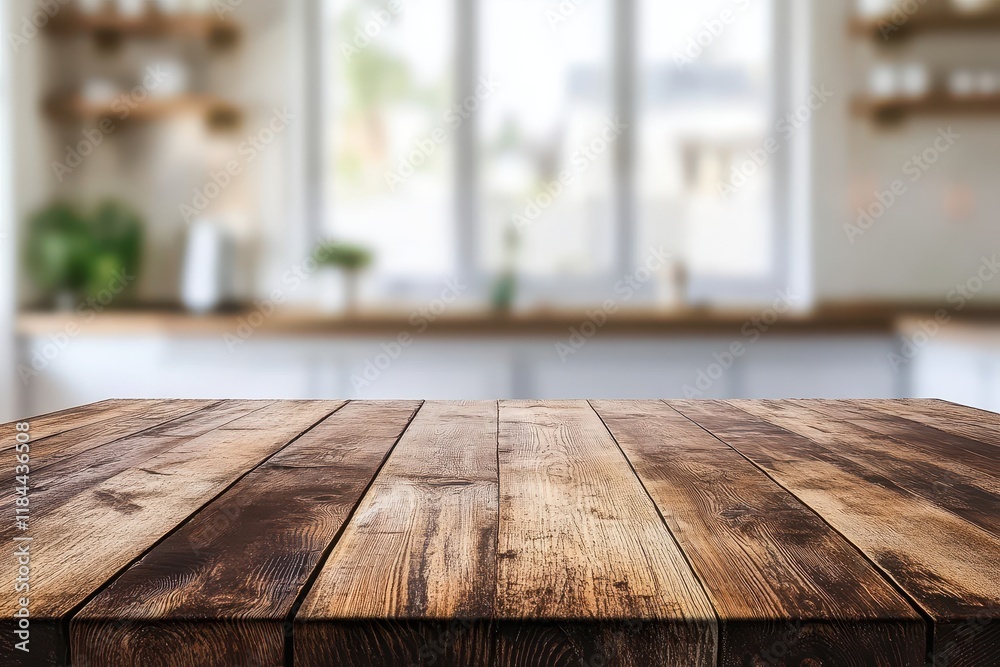 Wooden table, kitchen background, sunlight, mockup, product display Wooden table, kitchen background, sunlight, mockup, product display