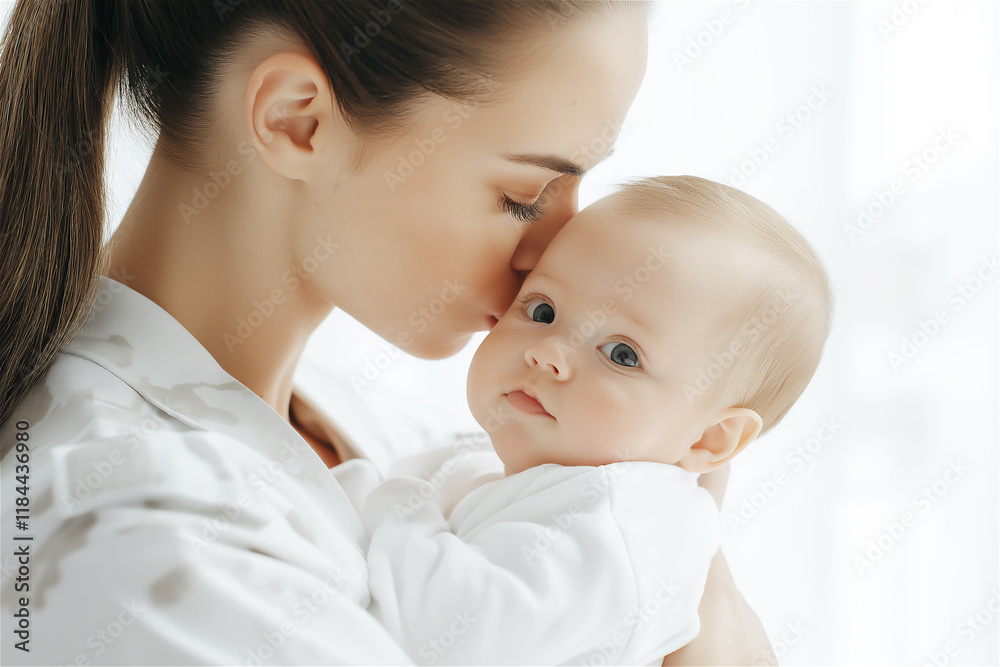Loving mother gently kissing her baby in an intimate moment of affection indoors. A pure expression of family love and care. Loving mother gently kissing her baby in an intimate moment of affection indoors. A pure expression of family love and care.