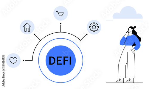 DEFI circle connected to heart, home, shopping cart, gear icons. Pensive person nearby. Ideal for blockchain, finance, technology connectivity decentralization economics future of money. Abstract