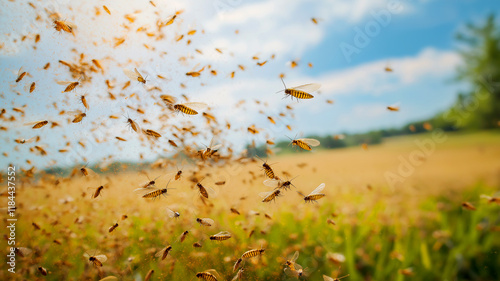 Locust swarm devastating crops in a field.
