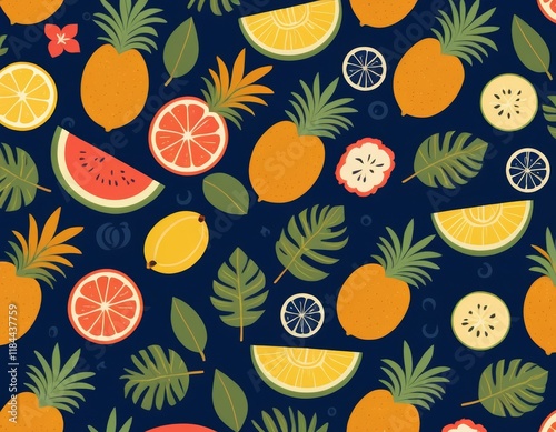 Tropical Fruits Seamless Pattern: Vibrant Pineapple, Citrus, and Watermelon Summer Design