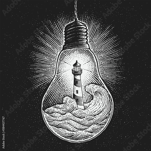 Lighthouse inside of light bulb
