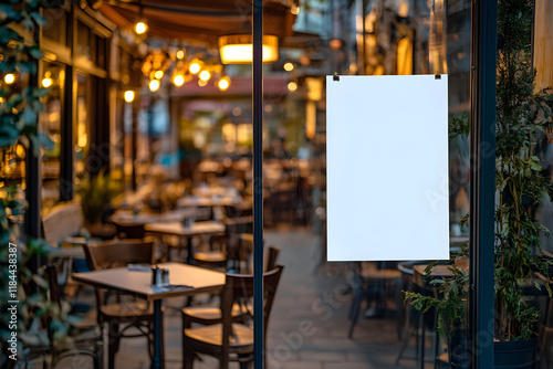 A blank white A4 paper is hanging on the glass door of an outdoor restaurant, with tables and chairs inside, surrounded by other cafes in different colors. The scene is captured from behind through a