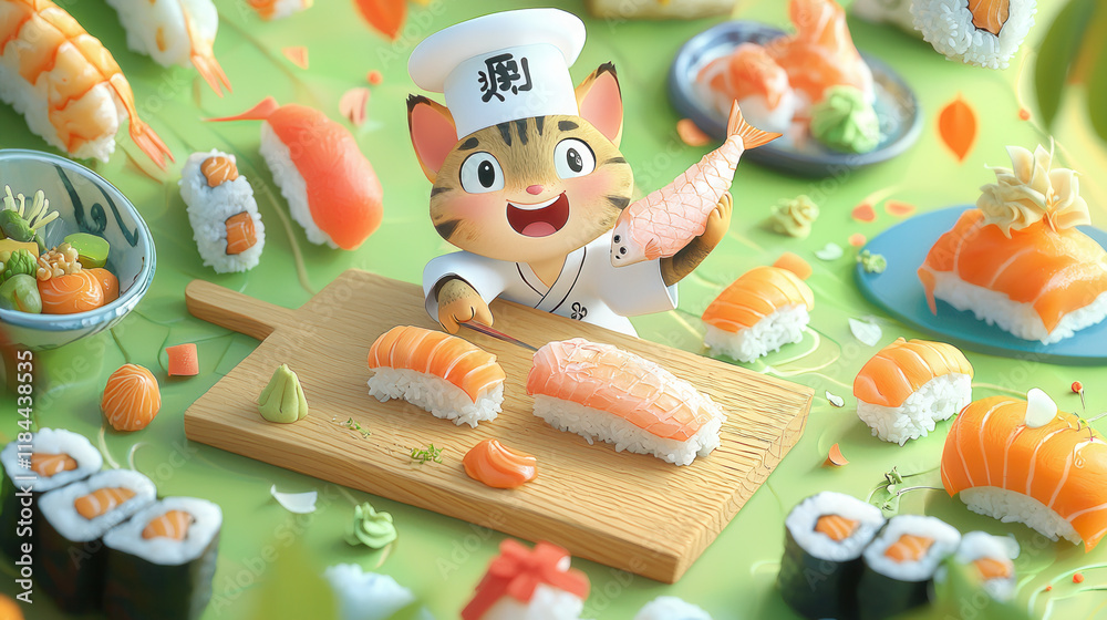 Obraz premium cheerful tabby cat sushi chef in white kimono prepares sushi with vibrant ingredients