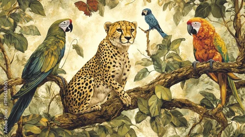Fototapeta samoprzylepna Lively jungle scene with leopard and colorful parrots tropical forest wildlife art nature close-up biodiversity awareness