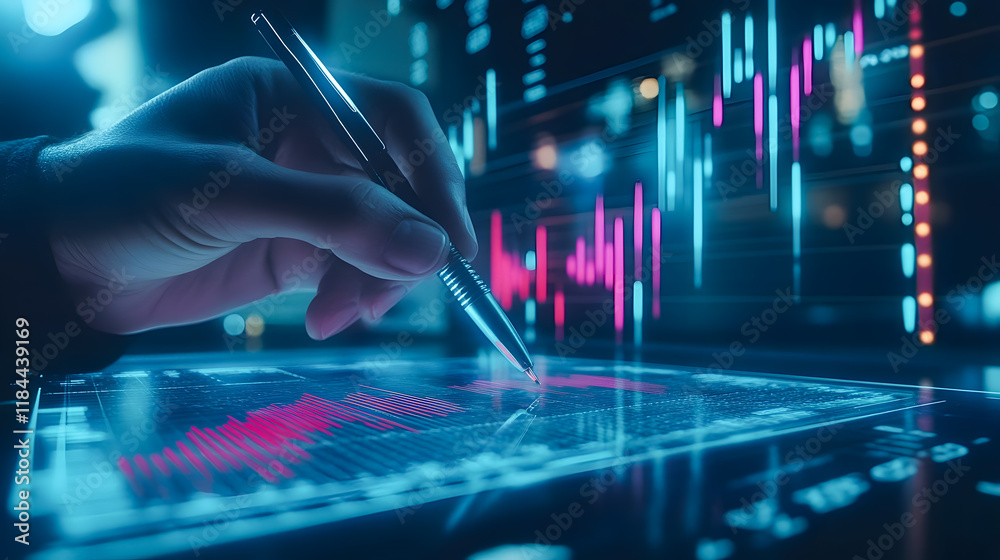 Hand Holding Pen Analyzing Financial Data on Digital Screen with Colorful Graphs and Charts in a Modern Office Environment Hand Holding Pen Analyzing Financial Data on Digital Screen with Colorful Graphs and Charts in a Modern Office Environment