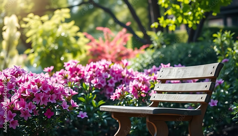 Wooden Bench in a Serene Pink Azalea Garden Wooden Bench in a Serene Pink Azalea Garden