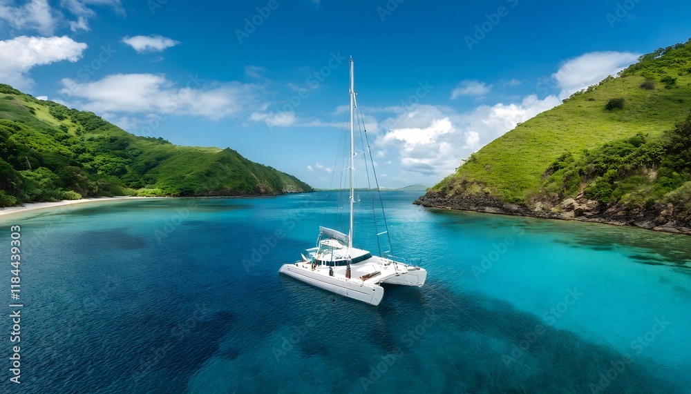 Luxury Catamaran Yacht in Tropical Bay Island Getaway Luxury Catamaran Yacht in Tropical Bay Island Getaway