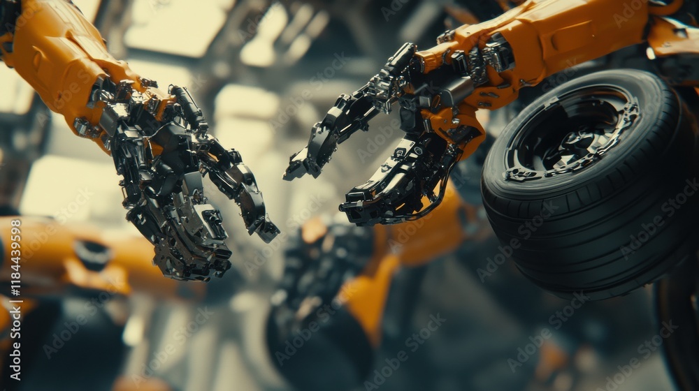 Fototapeta premium Robotic Arms Working to Attach Tires to Car Axles