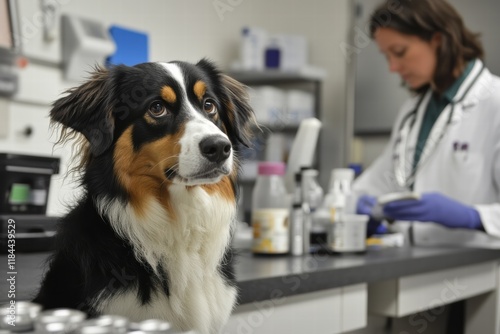 Dog receiving veterinary care during a routine examination at a clinic photo