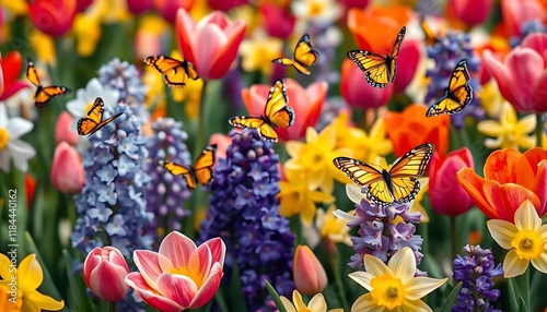 Vibrant Spring Butterflies Dancing Amidst a Colorful Flower Garden