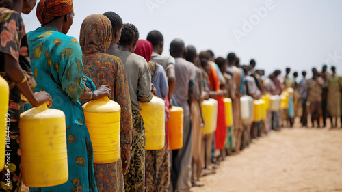 People in a drought-stricken region waiting for water distribution.