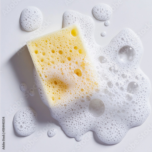 Yellow sponge with water and soap suds on white background, straight down view 