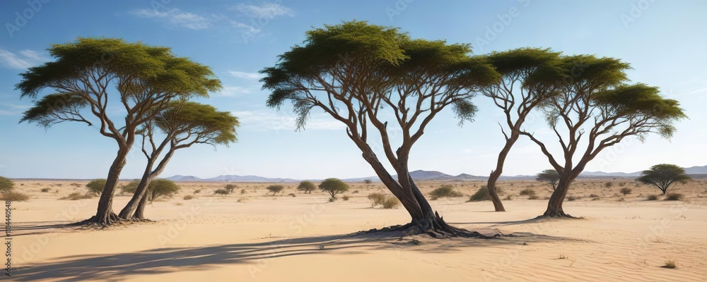 Acacia trees dotting the sandy savannah under a clear blue sky , savannah, native vegetation Acacia trees dotting the sandy savannah under a clear blue sky , savannah, native vegetation