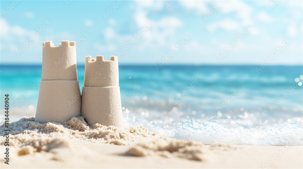 Obraz premium A close-up of a classic sandcastle on the beach. The fine details of the sand art evoke summer memories and a sense of carefree joy.