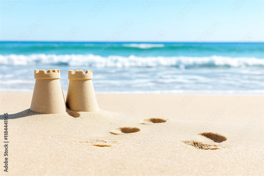 Two sandcastles standing on a pristine beach with blue skies and calm ocean waves in the background. Perfect for summer, leisure, and family moments. Two sandcastles standing on a pristine beach with blue skies and calm ocean waves in the background. Perfect for summer, leisure, and family moments.