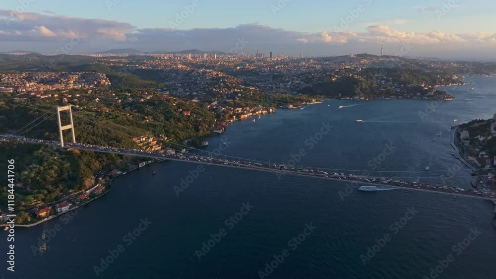 Aerial view of fatih sultan mehmet bridge over the bosphorus river with beautiful skyline and urban landscape, istanbul, turkey. Aerial view of fatih sultan mehmet bridge over the bosphorus river with beautiful skyline and urban landscape, istanbul, turkey.