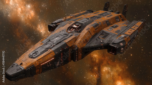 Rusty Freighter in Nebula: A weathered, rusty spaceship, its hull scarred by countless journeys, flies through a vibrant, swirling nebula.