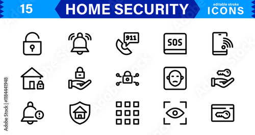 Home Security Icon Set - Creative, Minimalist Designs for Smart Locks, CCTV, Alarm Monitoring, Safety Apps, and Residential Security