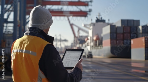 Logistics manager analyzing data at shipping terminal port digital tools industrial environment side view supply chain efficiency photo