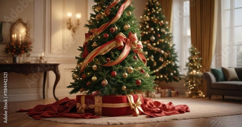 Luxurious velvet and ribbon wrapping adorn the elegant curves of a stunning Christmas tree against a soft warm light, festive ambiance, Christmas tree, cozy interior photo