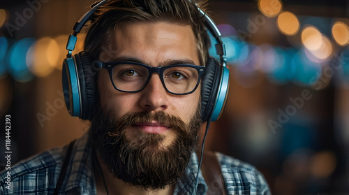 Focused Man with Headphones, Enjoying Audio Content photo