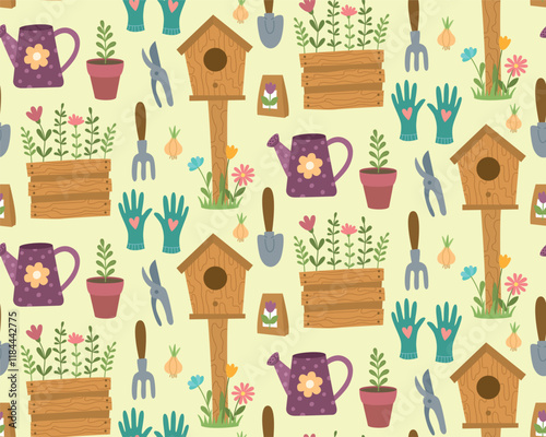 Spring time's pattern with cute garden elements. Seamless background with gardening shovel,  watering can, rake, seedling, bulb, plants and seeds