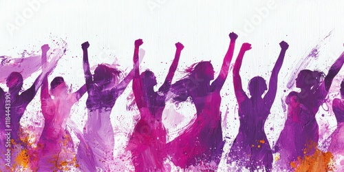 empowered women silhouettes with raised fists rendered in bold brushstrokes of vibrant purples and pinks abstract paint splatters conveying energy and determination on stark white canvas