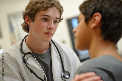 Young doctor examines child in medical clinic during a routine checkup providing care and reassurance to the patient