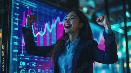 She is celebrating a victory or achievement. Generative AI