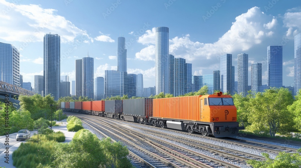 Fototapeta premium Freight train transporting cargo through modern cityscape urban environment daytime view industrial concept