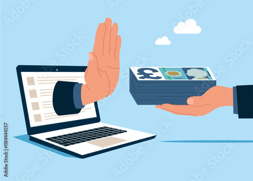 Hand giving businessman money pound sterling banknote. Hand refuse to take illegal money. Stop corruption, anti bribery. Flat vector illustration