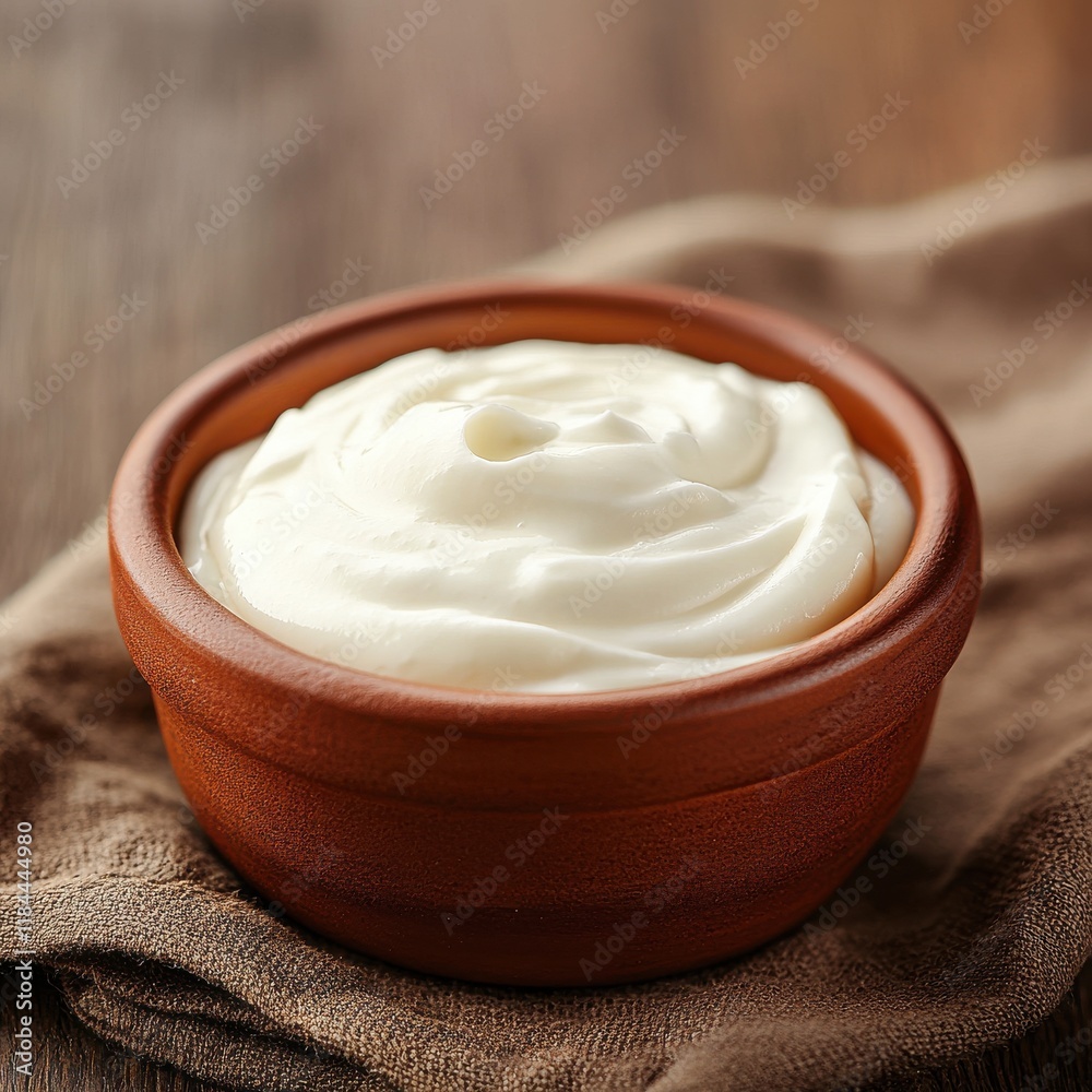 Creamy Natural Yogurt Served in Rustic Ceramic Bowl on Wood Table Creamy Natural Yogurt Served in Rustic Ceramic Bowl on Wood Table
