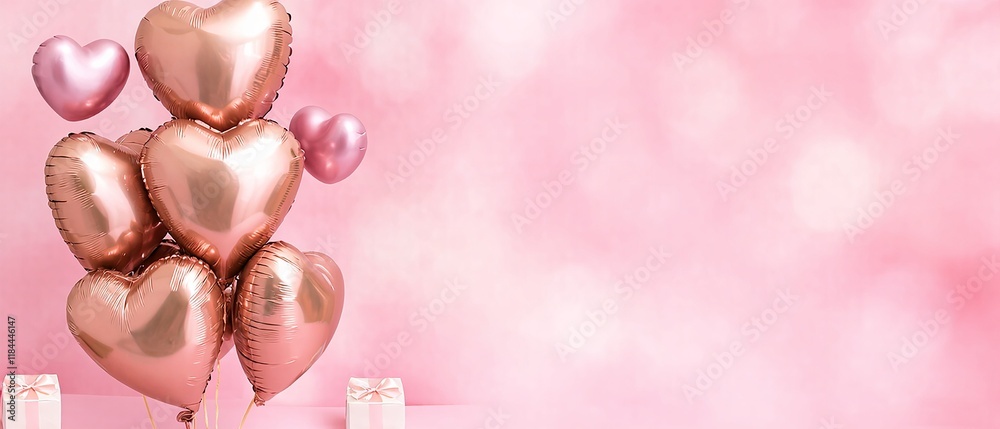 Fototapeta premium Happy Valentine's Day banner with pink and gold heart foil balloons and gifts on a pink bokeh background. Generative AI