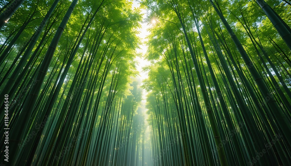 Serene Bamboo Forest: A Sunlit Path of Lush Green Canopies Serene Bamboo Forest: A Sunlit Path of Lush Green Canopies